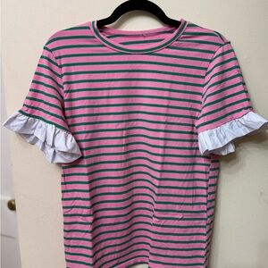M/L women’s t-shirt. Pink w green stripes. Ruffles. Colorful. Spring. Preppy.